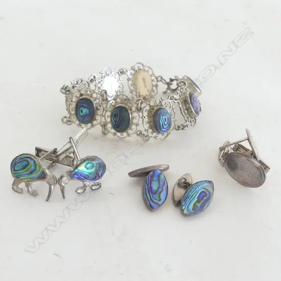 STG SILVER & PAUA BRACELET + 3 PRS CUFF LINKS 