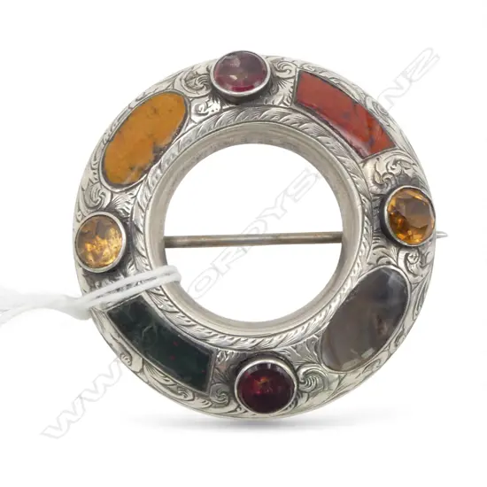 A late Victorian Scottish agate and silver ring brooch with various agates & stones