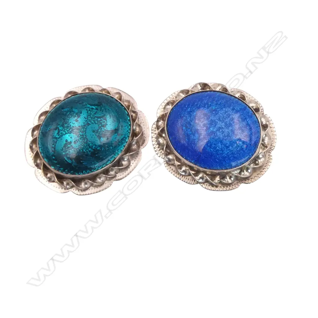 2 STG SILVER & BLUE ENAMEL BROOCHES Image 1++