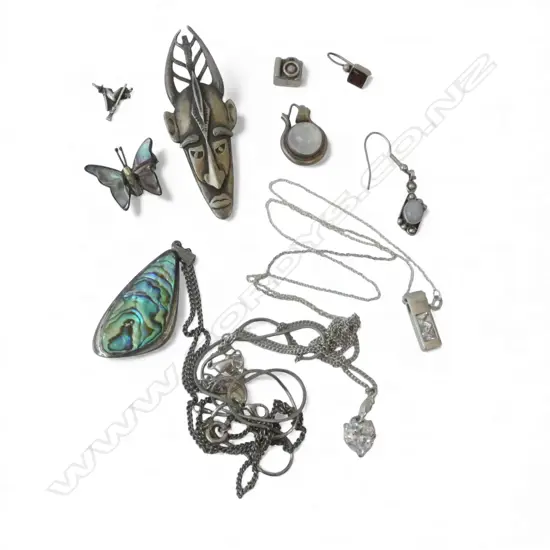 BAG of MAINLY SILVER JEWELLERY: tribal mask stg pendant + stg & paua pendant & butterfly + moonstones etc