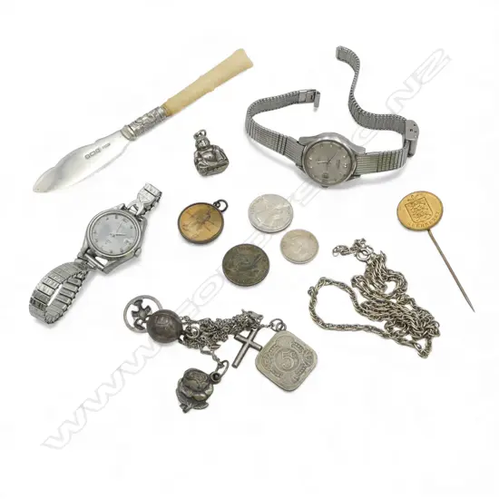 ASST JEWELLERY: 2 ladies Seiko automatic + buddha pendant + charm bracelet + silver & ivory butter knife etc
