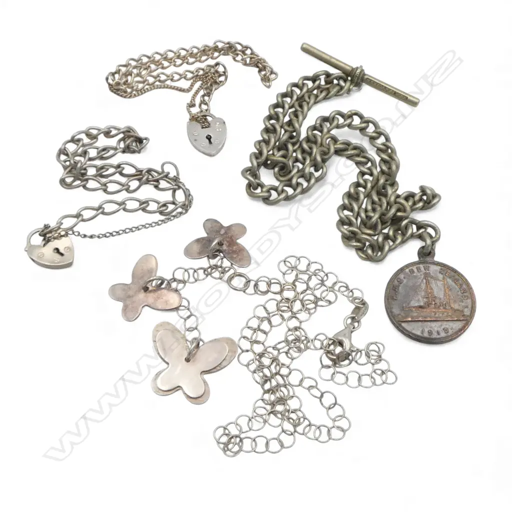 SILVER butterfly NECKLACE " 2 BRACELETS + HINGED BANGLE + 'MEXICO SILVER' FOB CHAIN w 1913 HMS NZ medallion Image 1++