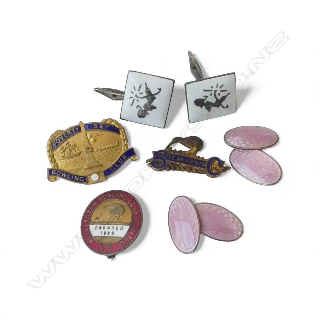 2 PAIRS STG SILVER & ENAMEL CUFFLINKS + 3 ENAMELLED GILT BOWLING CLUB BROOCHES Image 1++