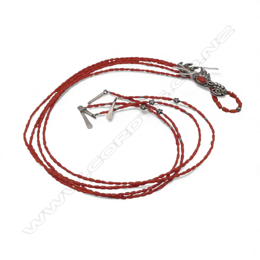SILVER & CORAL BEAD LARIAT STYLE NECKLACE, L.116Omm, valuation Image 1++