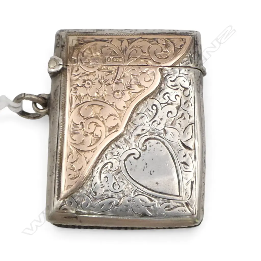 Chester 1908 SILVER & 9ct GOLD engraved VESTA with suspension loop (Dent to Back of case) Image 1++