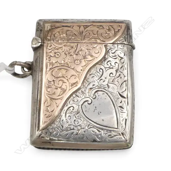 Chester 1908 SILVER & 9ct GOLD engraved VESTA with suspension loop (Dent to Back of case)