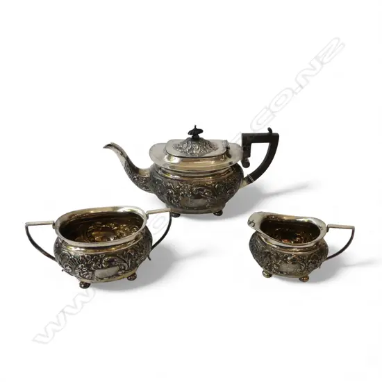 EDWARDIAN STG SILVER TEA SET, MARPLES & Co, SHEFFIELD 1902, 1097gms with heavily embossed exterior