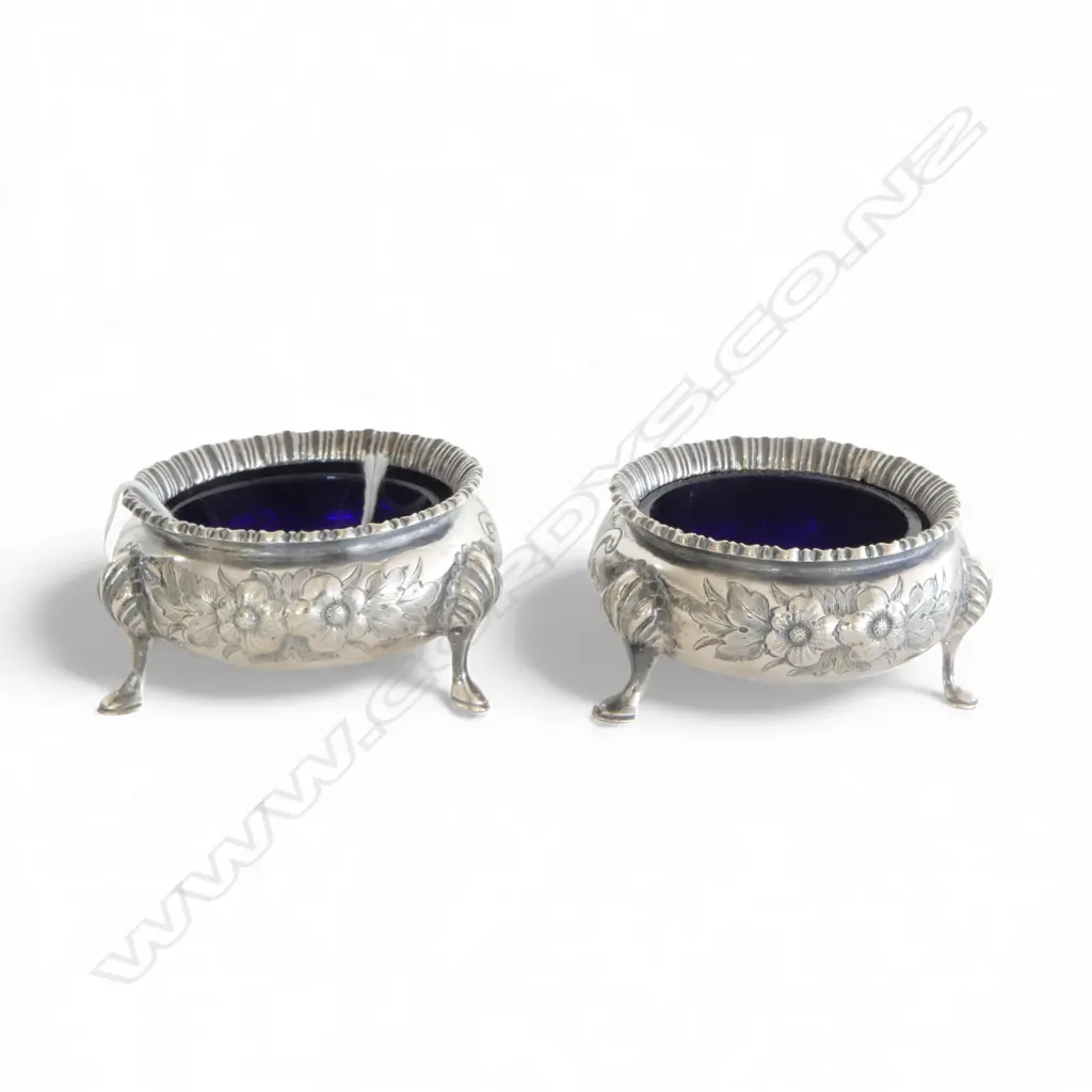 PR VICTORIAN SILVER SALTS with blue glass liners. Sheffield 1879. 138gms silver weight Image 1++
