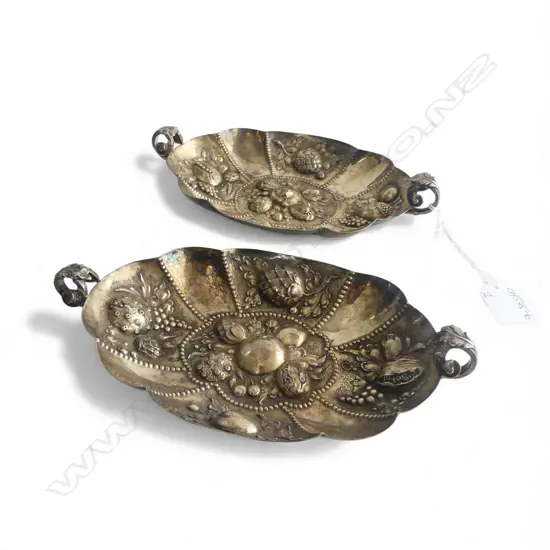 PR impressive 19thC gilded SILVER ENGLISH IMPORT BERRY embossed DISHES 338gms. English import marks London 1895...