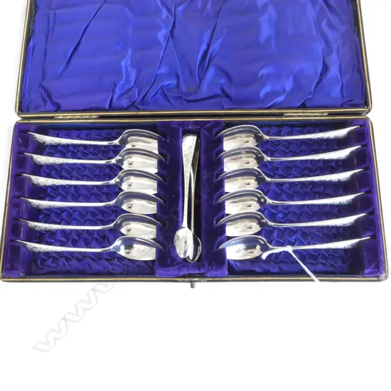 BOXED SET 12 VICTORIAN EP TEASPOONS & SUGAR TONGS