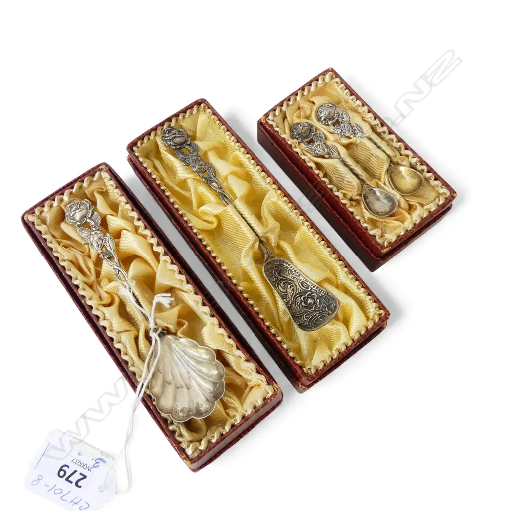 3 BOXED HILDESHEIMER ROSE SILVER SPOONS, CREAM/SUGAR & PR SALT SPOONS, 30.58gm Image 1++
