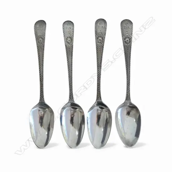 SET 4 GEORGE III SILVER TEASPOONS London 1787 by George Gray. Bright cut. 45gms 