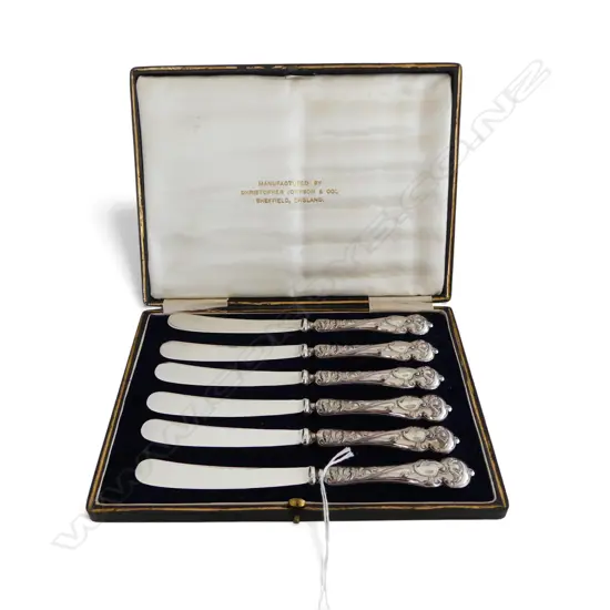 6 ART NOUVEAU STG SILVER HANDLED PATE KNIVES, SHEFFIELD 1906, CASED