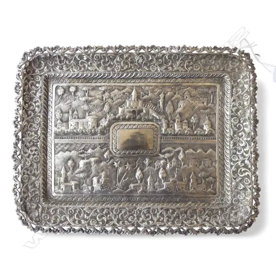 OLD INDIAN SILVER TOWN SCENE EMBOSSED TRAY L.270mm.300gms