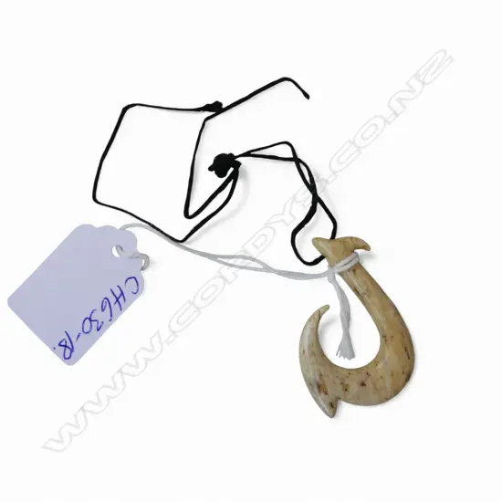 DAVID TUART CARVED WHALE BONE HEI MATAU pendant of good form & polish. L.46mm