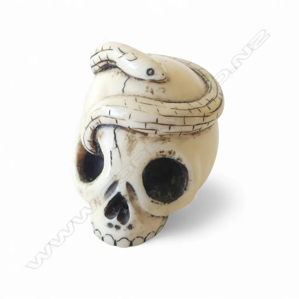 JAPENSE IVORY NETSUKE skull & snake, good patina H.33mm Image 1++