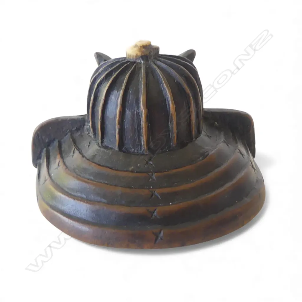 MEIJI PERIOD WOOD NETSUKE kabuto, with ivory section, signed W.40mm Image 1++