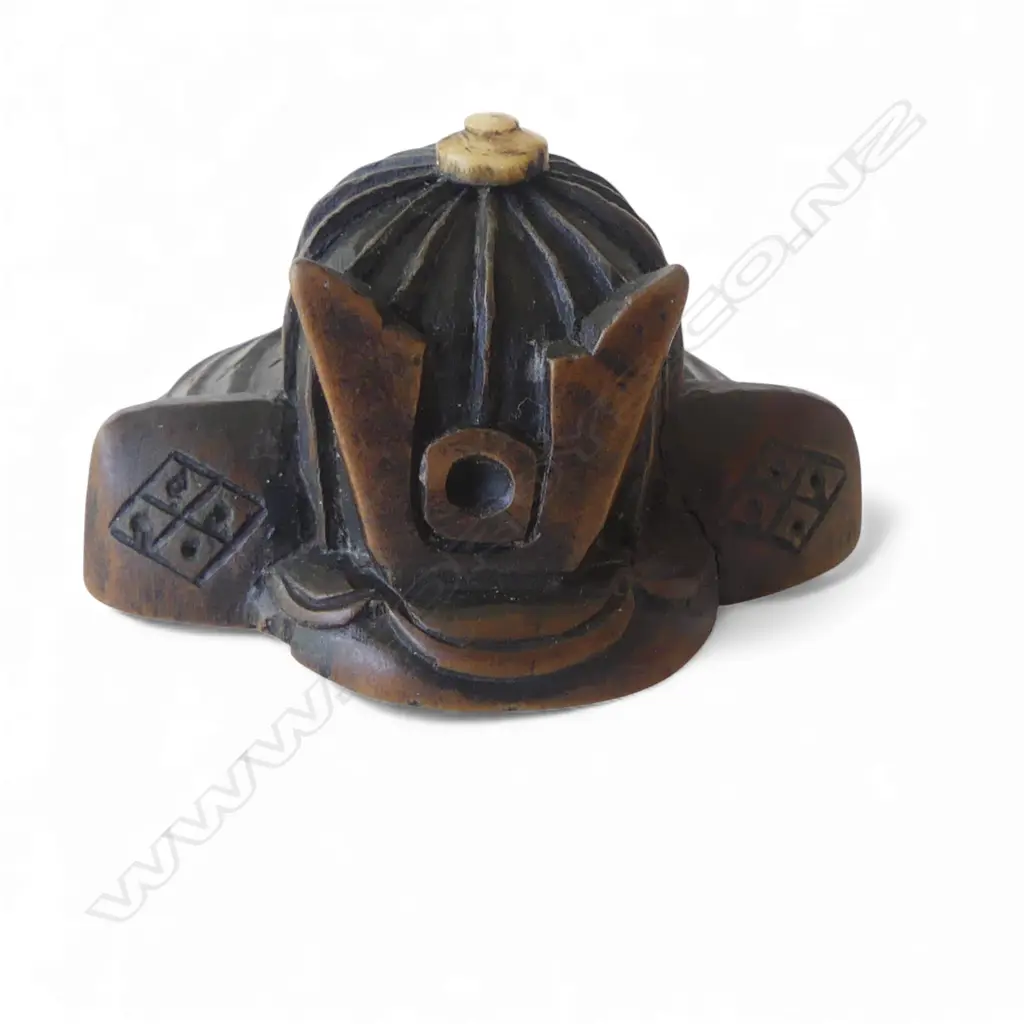 MEIJI PERIOD WOOD NETSUKE kabuto, with ivory section, signed W.40mm Image 1++