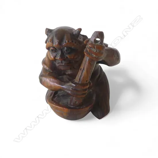 MEIJI PERIOD WOOD NETSUKE oni, signed H.30mm
