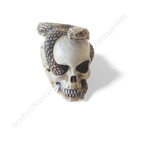JAPANESE BONE OKIMONO skull & snake, signed H.47mm