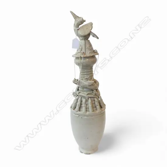 ANTIQUE CHINESE CELEDON DRAGON VASE WITH BIRD LID SOME FAULTS H540MM