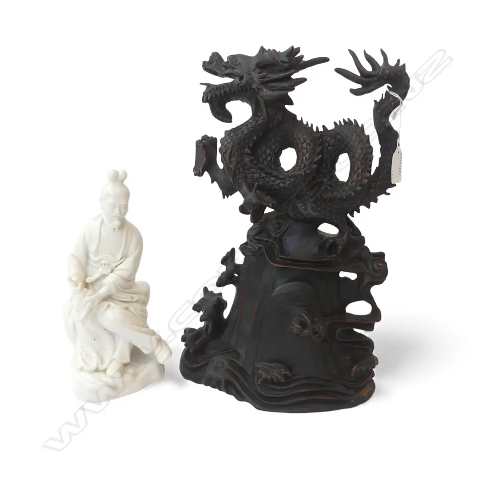 CHINESE BLANC DE CHINE FIGURE MAN MAKING NETS H240 & DRAGON FIGURE H370MM Image 1++