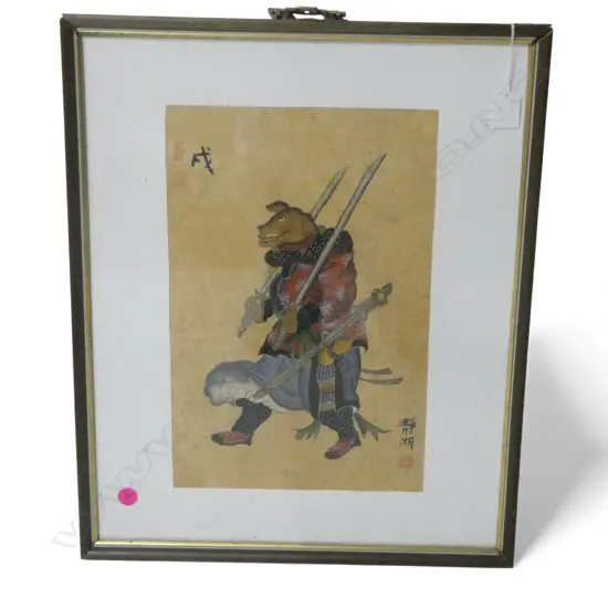 HAND COLOURED FRAMED CHINESE WOODBLOCK  YEAR OF THE PIG H400 W250MM