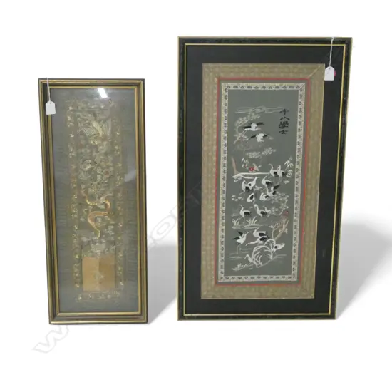 2 FRAMED ORIENTAL EMBROIDERIES H770MM STORKS  650MM DRAGON one unglazed