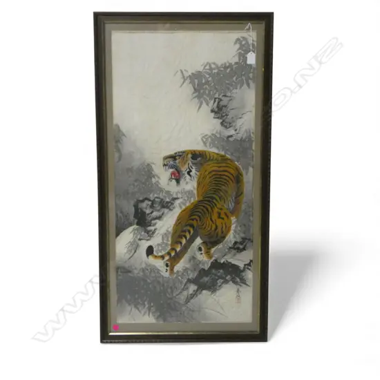 FRAMED JAPANESE W/C ON SILK TIGER IN BAMBOO SIGNED H900 W440MM