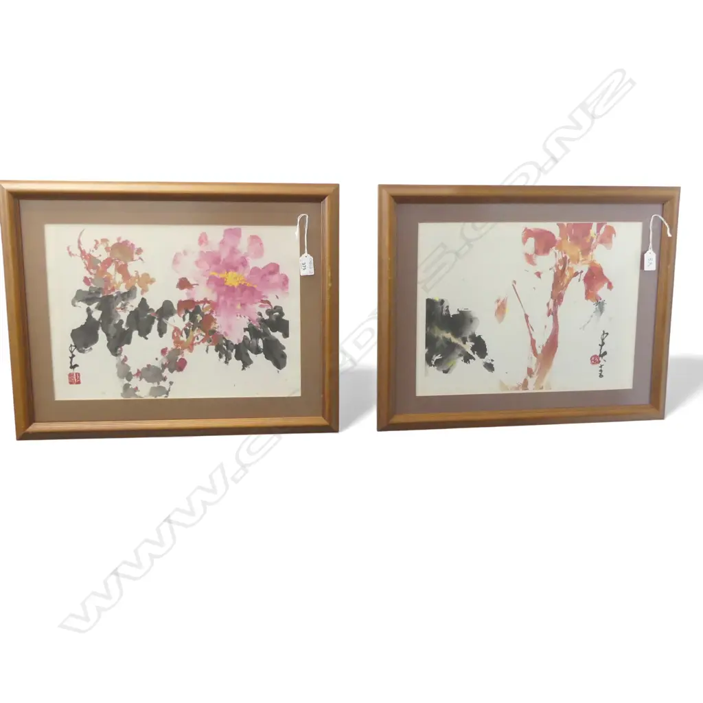 2 CHINESE WATERCOLOUR PAINTINGS florals & dragonfly with calligraphy 295 x 410mm  Image 1++