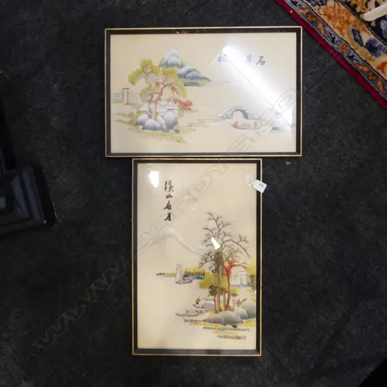 2 VINTAGE CHINESE EMBROIDERED STITCHED ARTWORKS coastal landscapes 500 x 300mm