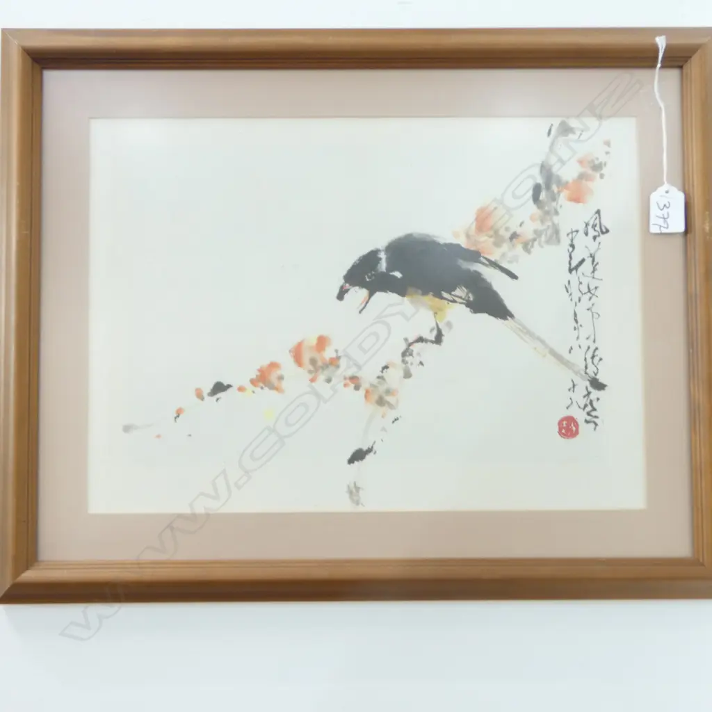2 CHINESE WATERCOLOUR PAINTINGS BIRDS ON BRANCH with calligraphy 295 x 410mm  Image 1++