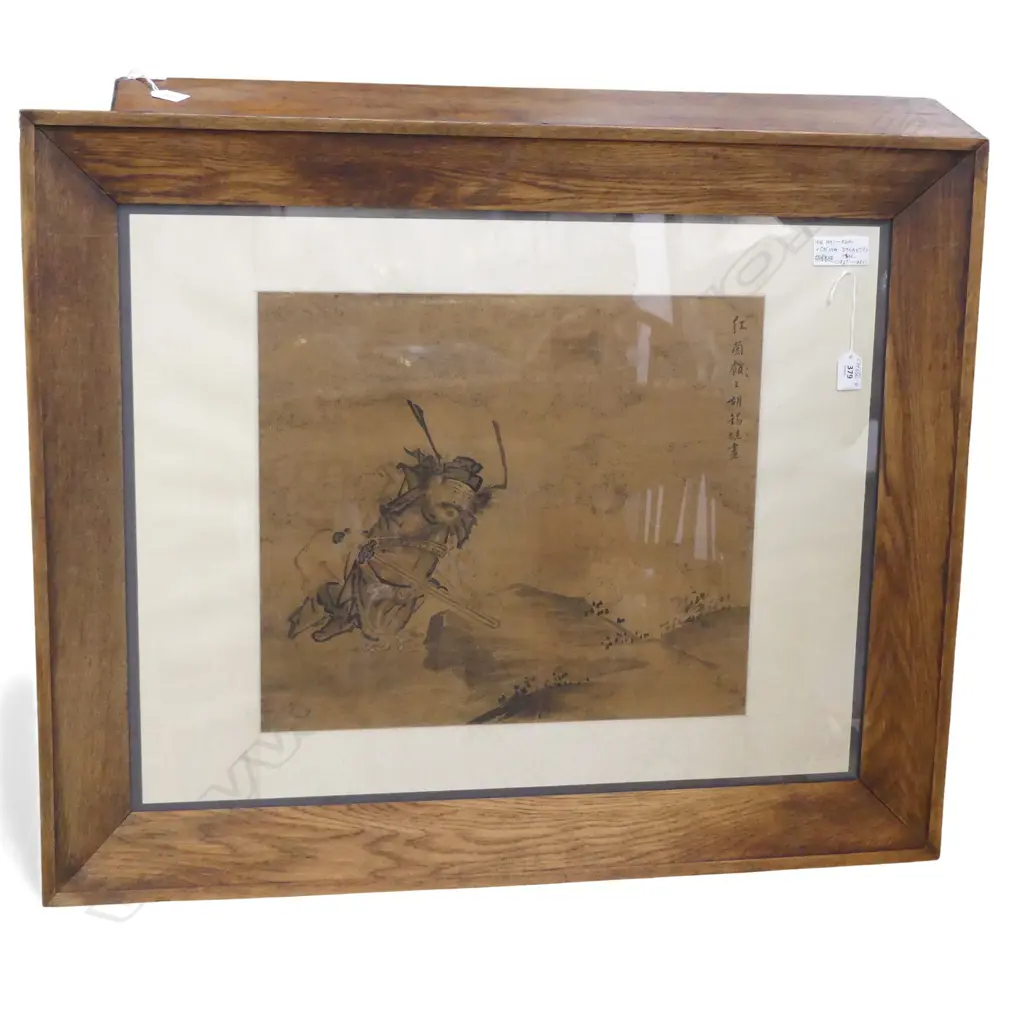 HU HSI-KUIE WATERCOLOUR PAINTING warrior with sword reputedly Ch'ing dynasty 400 x 460mm. Framed under glass Image 1++