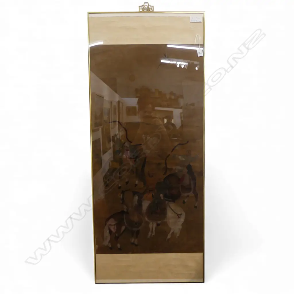 Artist unknown LARGE CHINESE WATERCOLOUR on fabric (silk) HUNTERS ON HORSEBACK 1000 x 530mm Image 1++