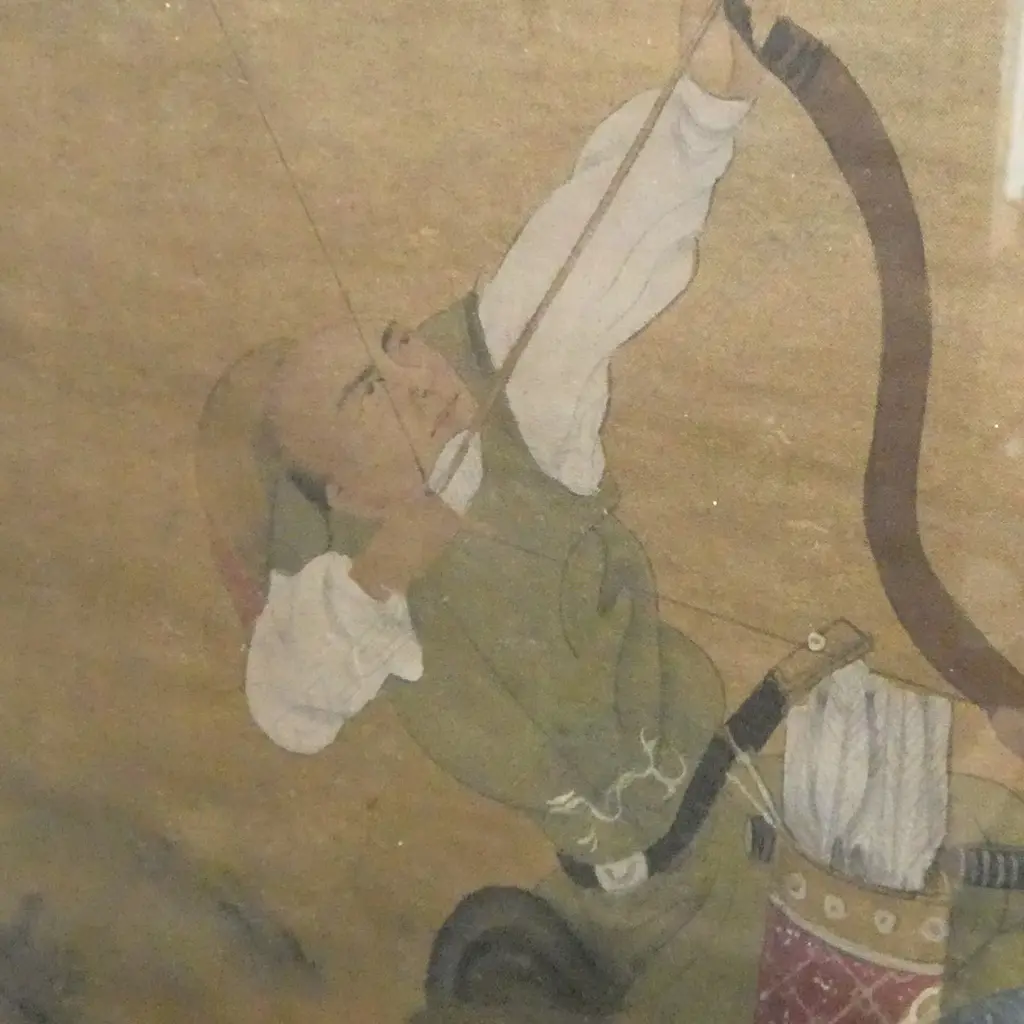 Artist unknown LARGE CHINESE WATERCOLOUR on fabric (silk) HUNTERS ON HORSEBACK 1000 x 530mm Image 1++