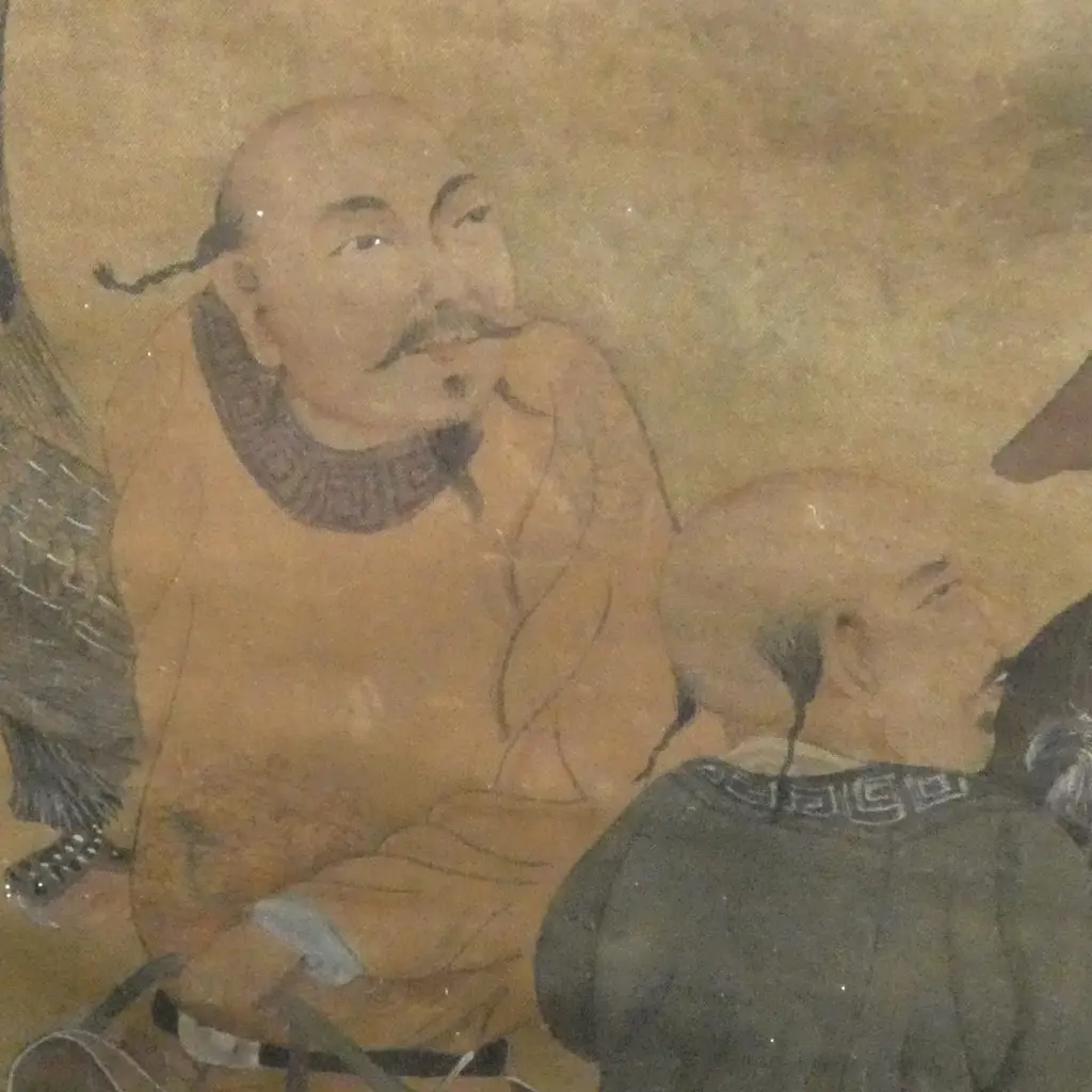 Artist unknown LARGE CHINESE WATERCOLOUR on fabric (silk) HUNTERS ON HORSEBACK 1000 x 530mm Image 1++