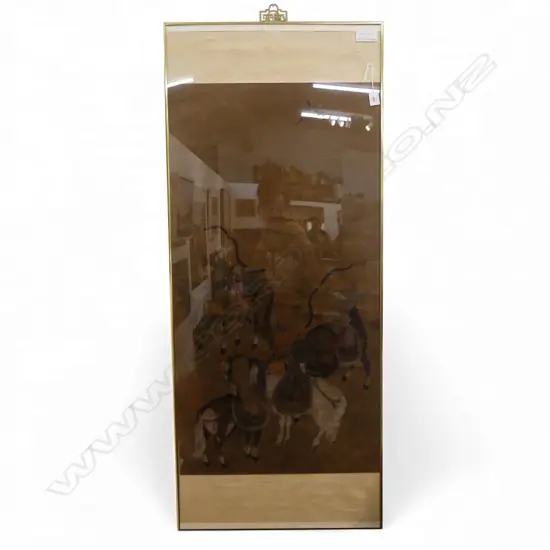 Artist unknown LARGE CHINESE WATERCOLOUR on fabric (silk) HUNTERS ON HORSEBACK 1000 x 530mm