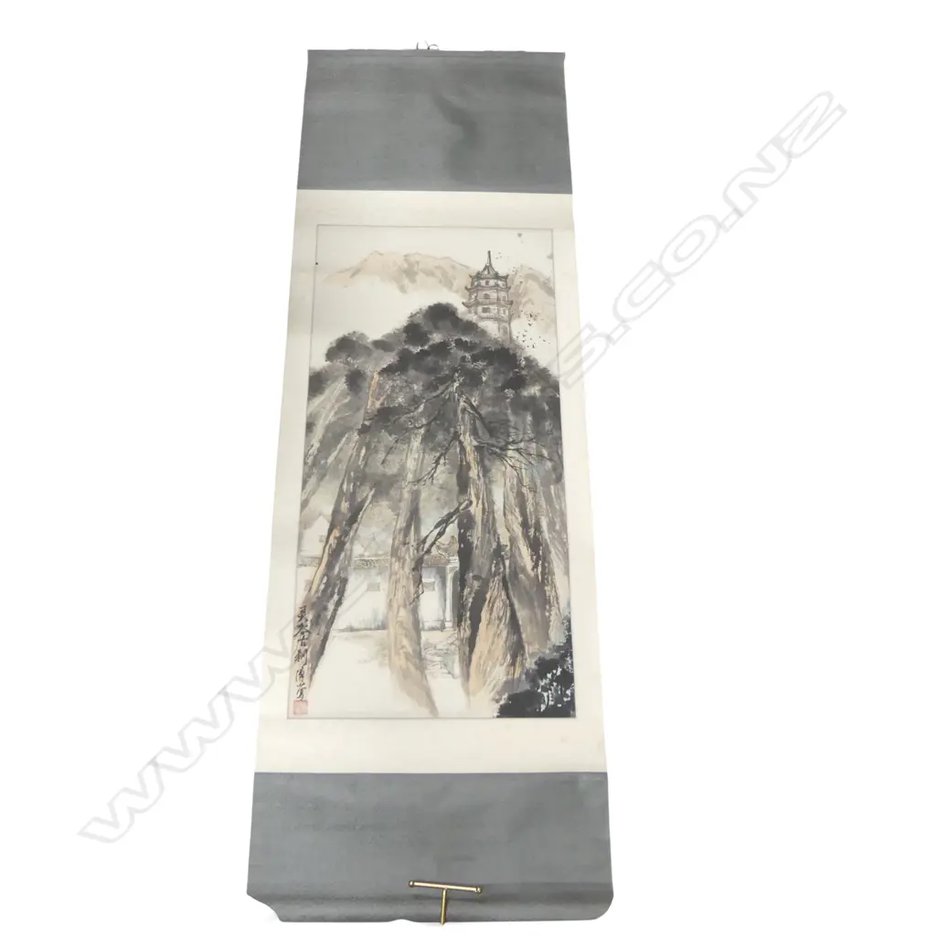 SIGNED CHINESE SCROLL INK & COLOUR SHRINE IN PINE FOREST L 106CM X52CM Image 1++