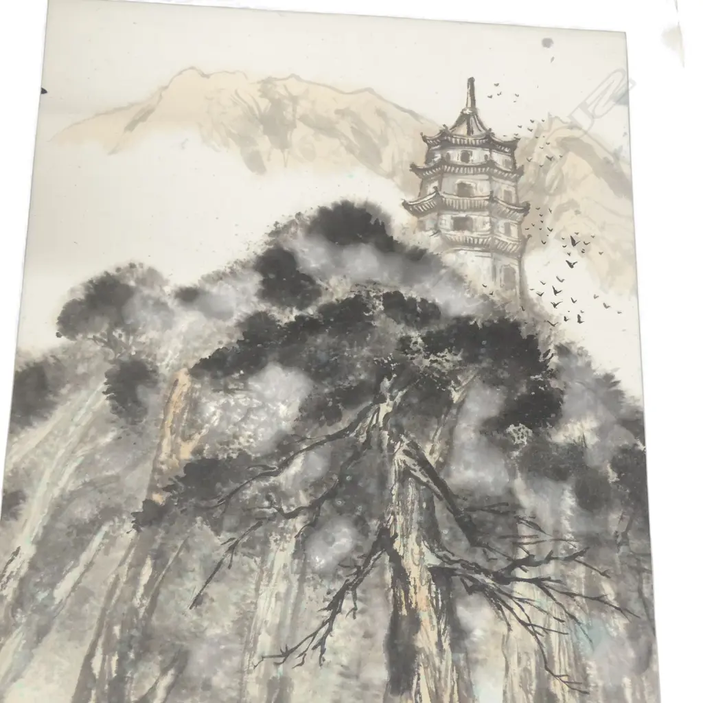 SIGNED CHINESE SCROLL INK & COLOUR SHRINE IN PINE FOREST L 106CM X52CM Image 1++