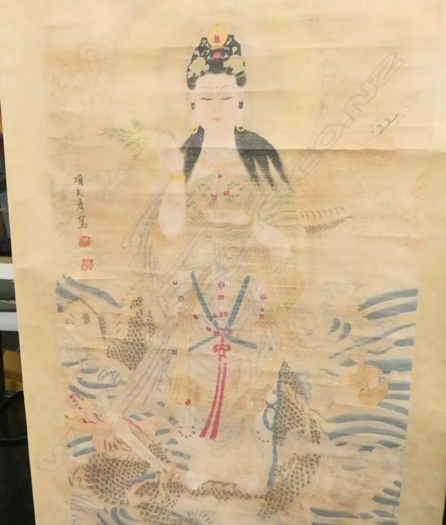 SIGNED ORIENTAL SCROLL GODDESS & DRAGON  L1870 W770MM Image 1++