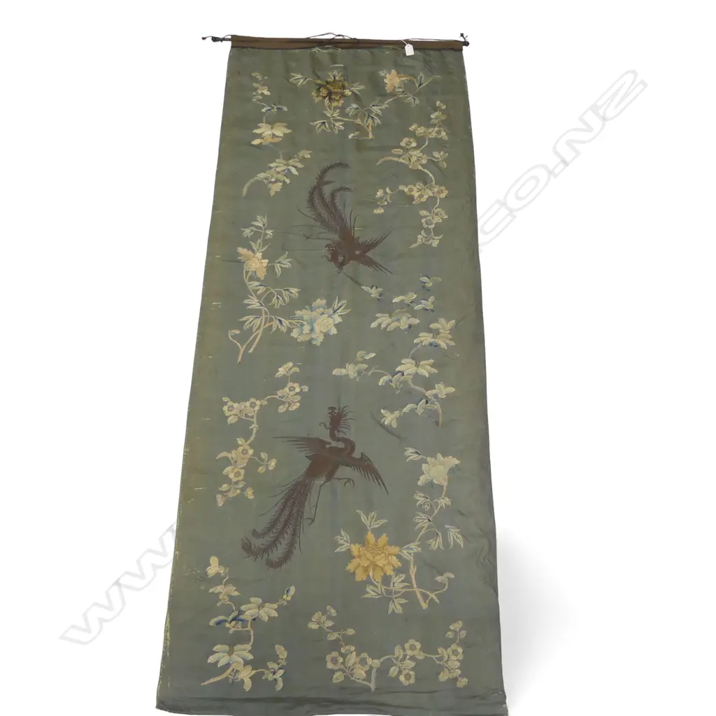 ANTIQUE CHINESE SILK WALL HANGING FIGHTING COCKS SOME DISTRESS L1900 W750MM Image 1++