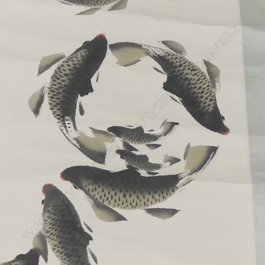 SIGNED VINTAGE ORIENTAL SCROLL CARP SWIMMING L1850 W750MM Image 1++