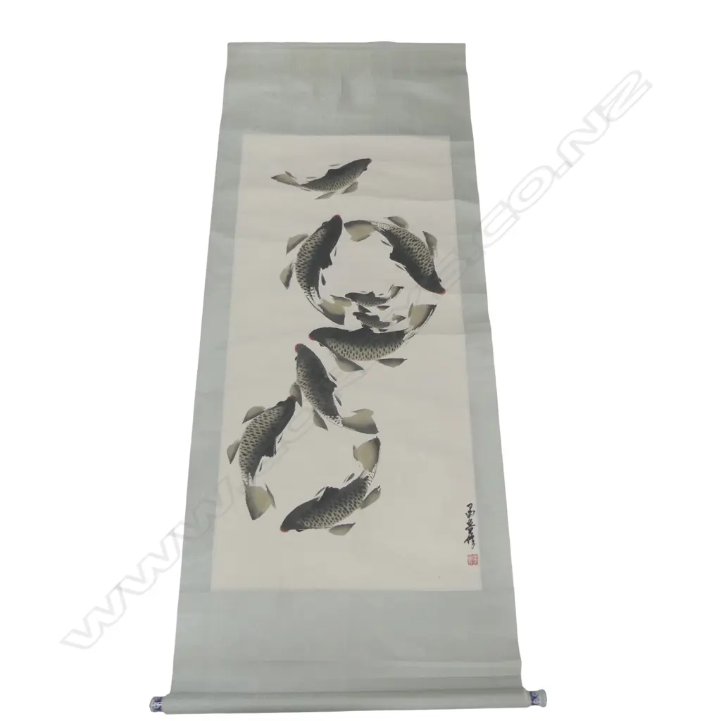 SIGNED VINTAGE ORIENTAL SCROLL CARP SWIMMING L1850 W750MM Image 1++