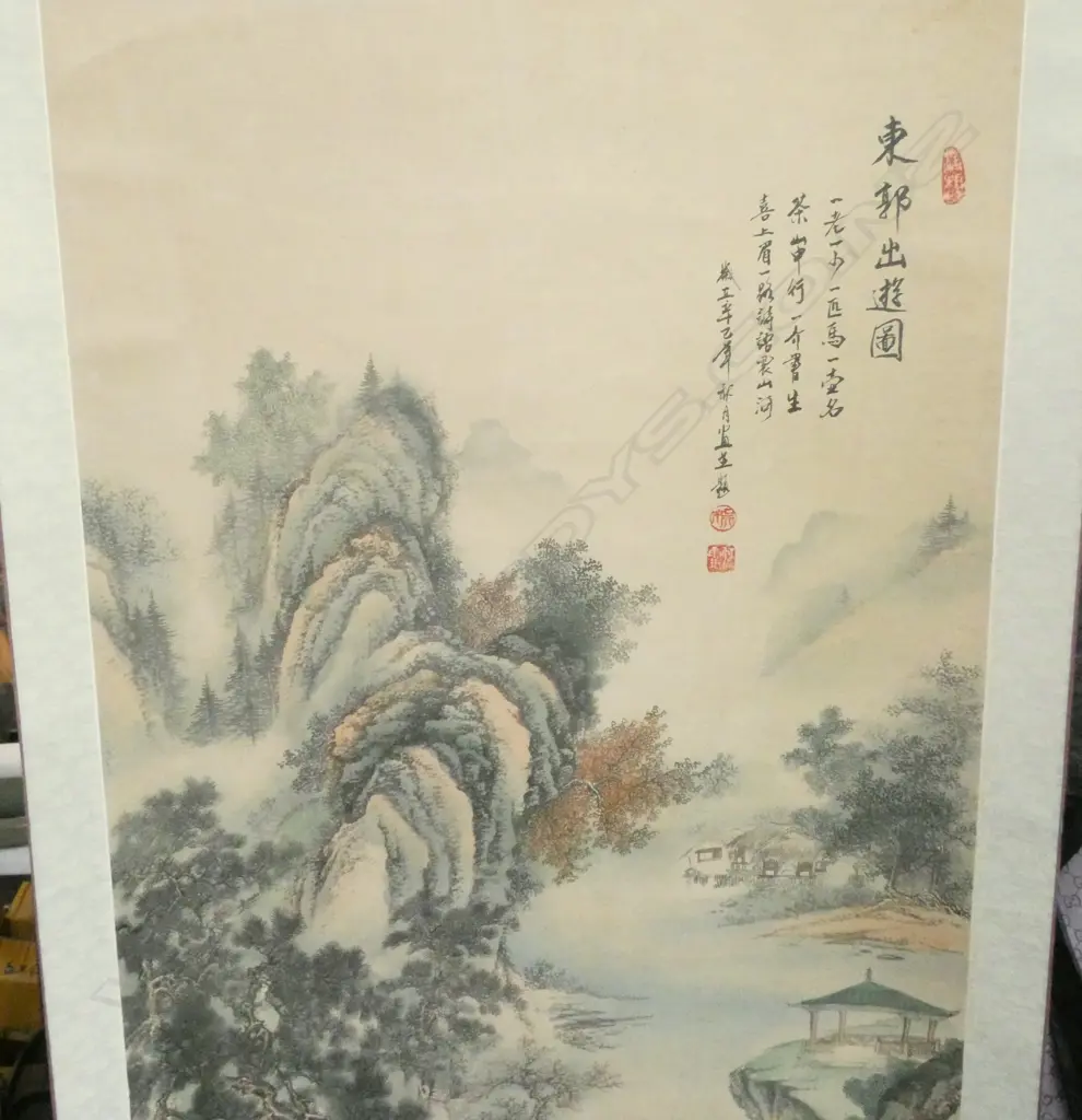 SIGNED VINTAGE CHINESE PAINTED SCROLL ON INK MOUNTAIN SCENE L1930 W720MM Image 1++