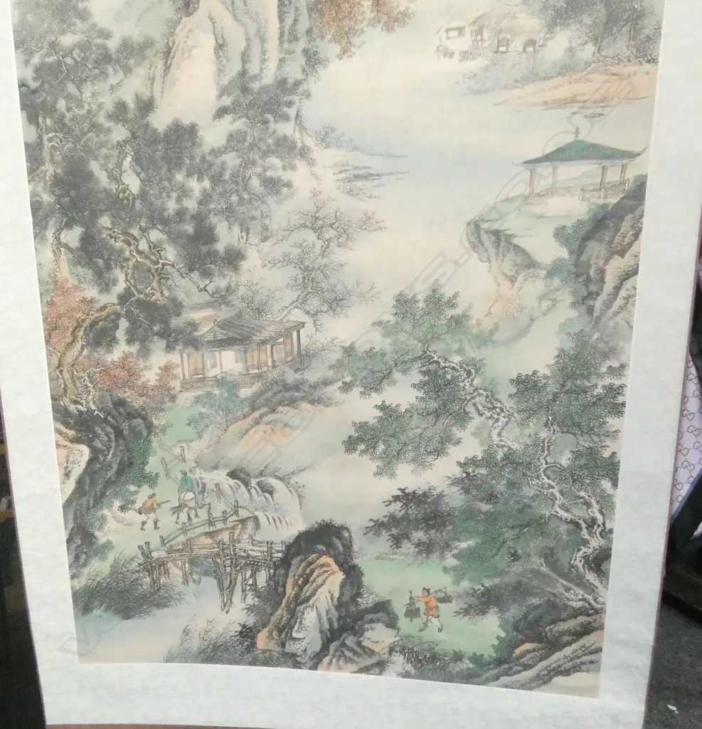 SIGNED VINTAGE CHINESE PAINTED SCROLL ON INK MOUNTAIN SCENE L1930 W720MM Image 1++
