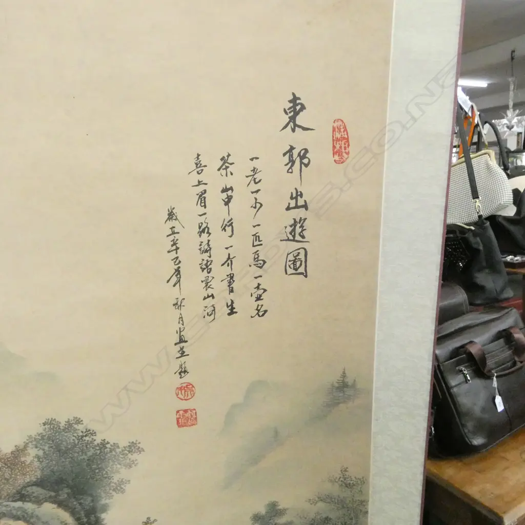 SIGNED VINTAGE CHINESE PAINTED SCROLL ON INK MOUNTAIN SCENE L1930 W720MM Image 1++