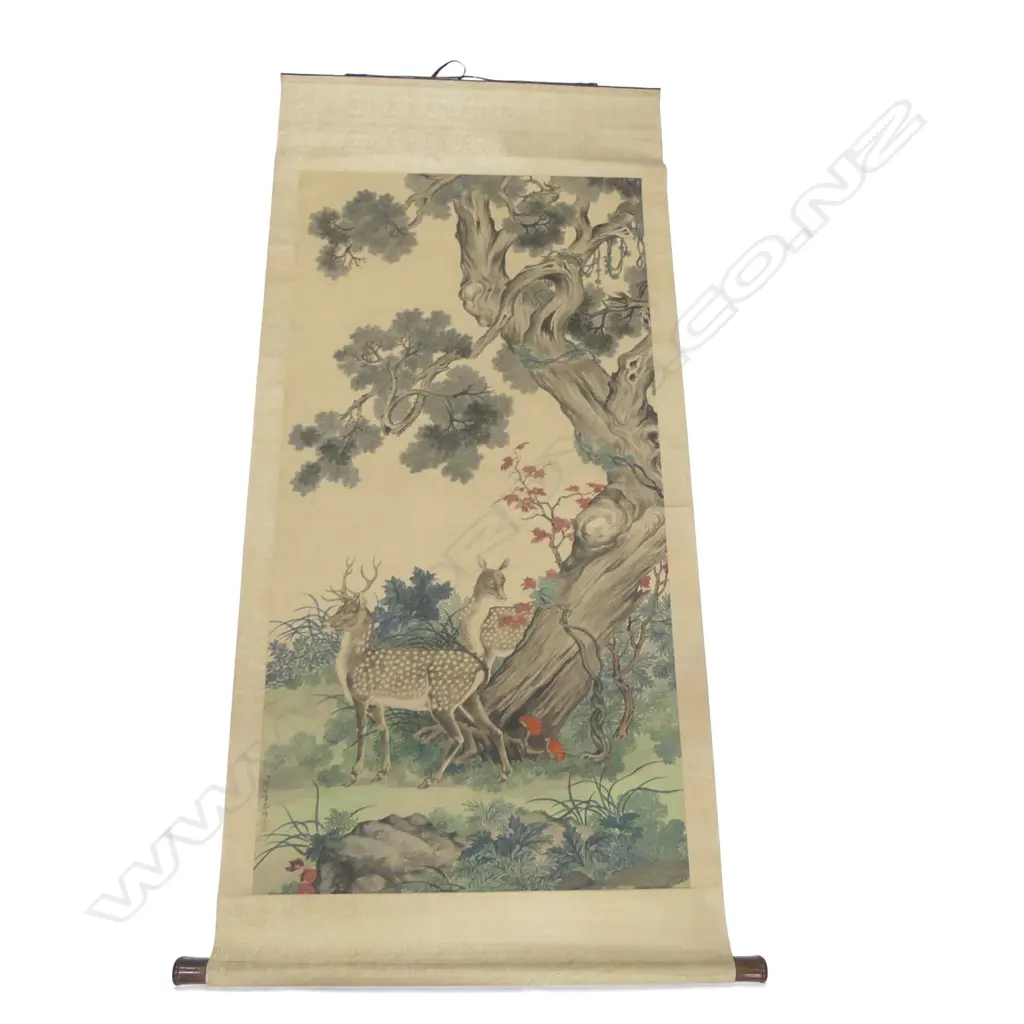 SIGNED VINTAGE CHINESE SCROLL 2 DEER IN FOREST  L1400 W730MM Image 1++