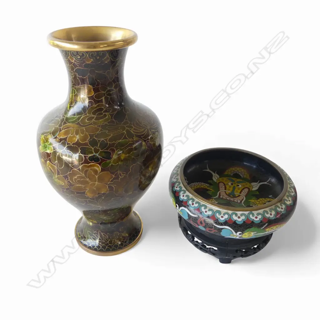 2 PCES CLOISONNE; VASE & SHALLOW BOWL on stand H.240mm Image 1++