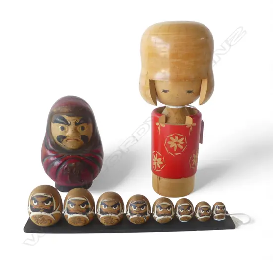 3 PCS JAPANESE; ANTIQUE CERAMIC DARUMA FIG. (good luck) H.120mm, MID CENT. KOKESHI DOLL red stamp & ROW DARUMA FIGS