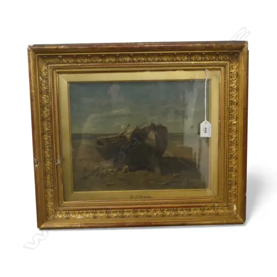 EDOUARD FRERE (FRENCH, 1819-1886) 'BOAT AT ST. VALERY' OIL ON CANVAS, SIGNED & DATED '05 245x310mm